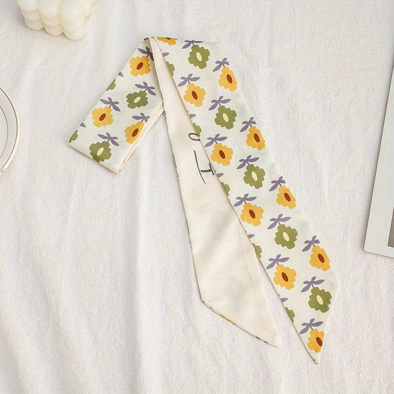 Beige Flower Print Skinny Scarf Long Ribbon Neckerchief