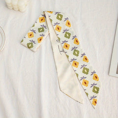 Beige Flower Print Skinny Scarf Long Ribbon Neckerchief