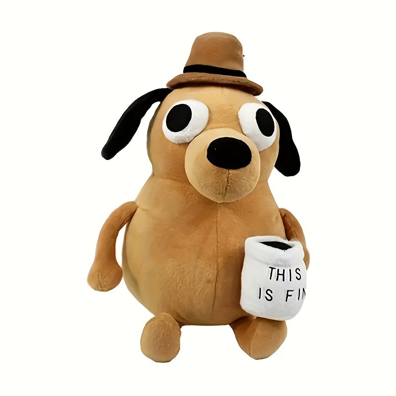 Yellow Angry Dog Plush Toy with Cup This Is Fine Meme
