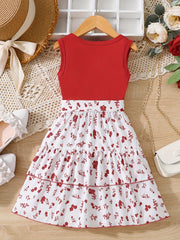 Girls' Holiday Party Dress with Belt, Sleeveless Floral Casual