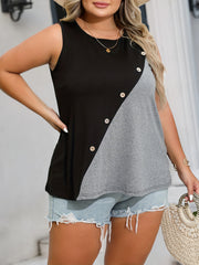 Colorblock Button Round Neck Tank Top