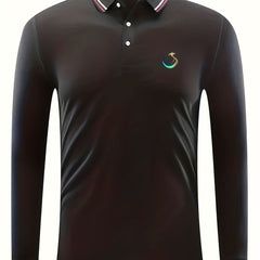 Men's Peacock Print Polo Shirt Long Sleeve Casual Breathable Button Up Lapel
