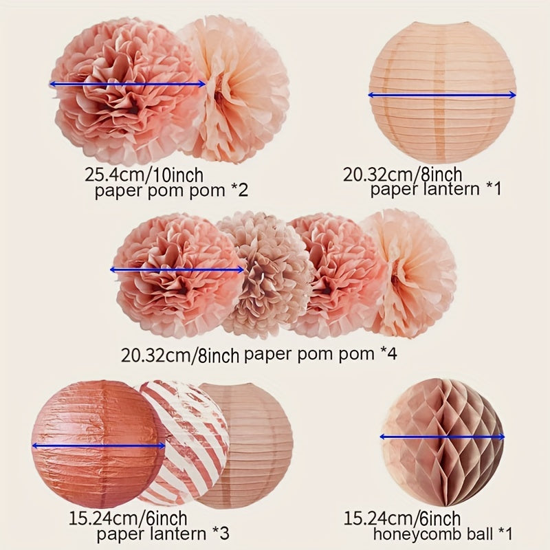 12pcs Rose Golden Paper Lanterns and Flower Poms Set