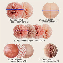 12pcs Rose Golden Paper Lanterns and Flower Poms Set