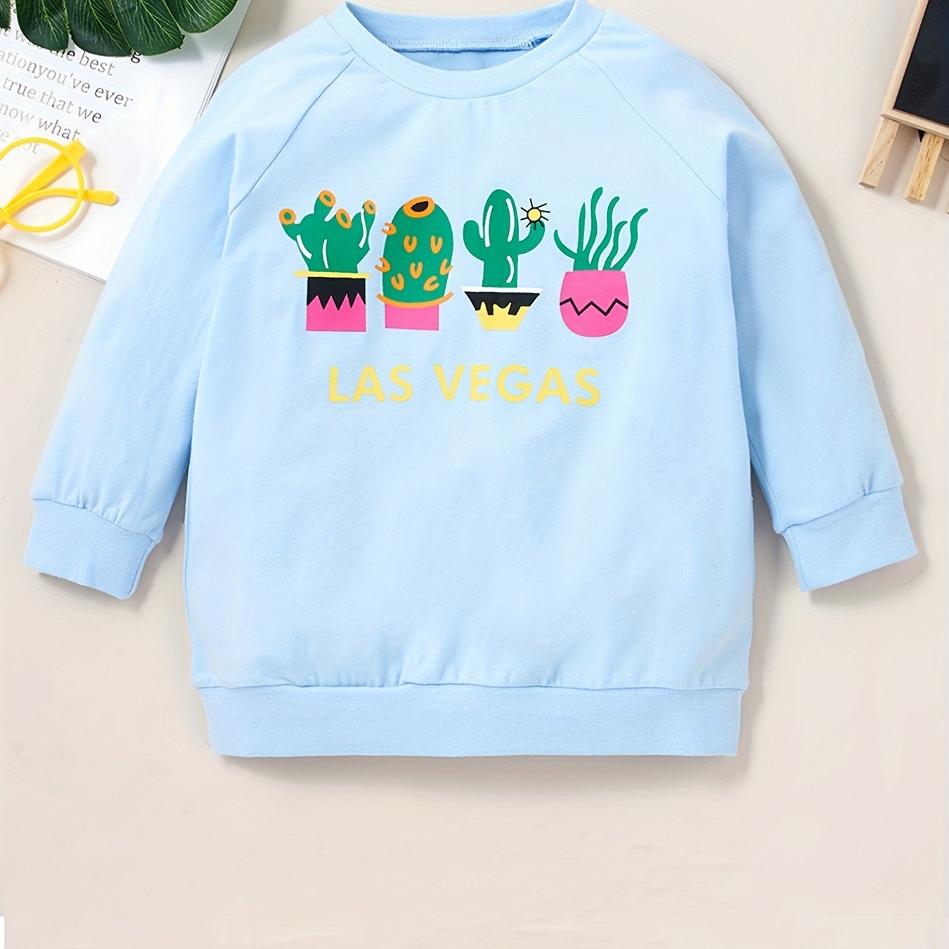 Girls Cactus Print Crew Neck Sweatshirts For Sports Casual Outfit