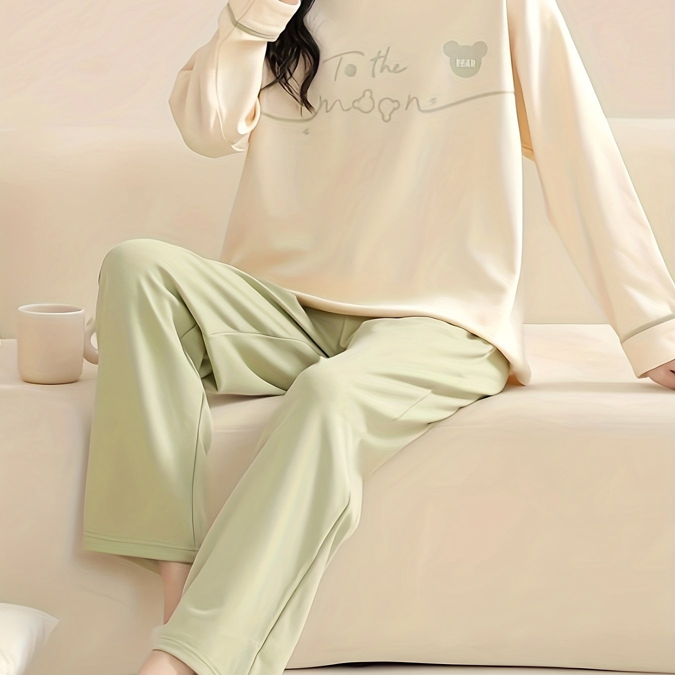 Letter Print Pajama Set Crew Neck Top & Elastic Waistband Pants