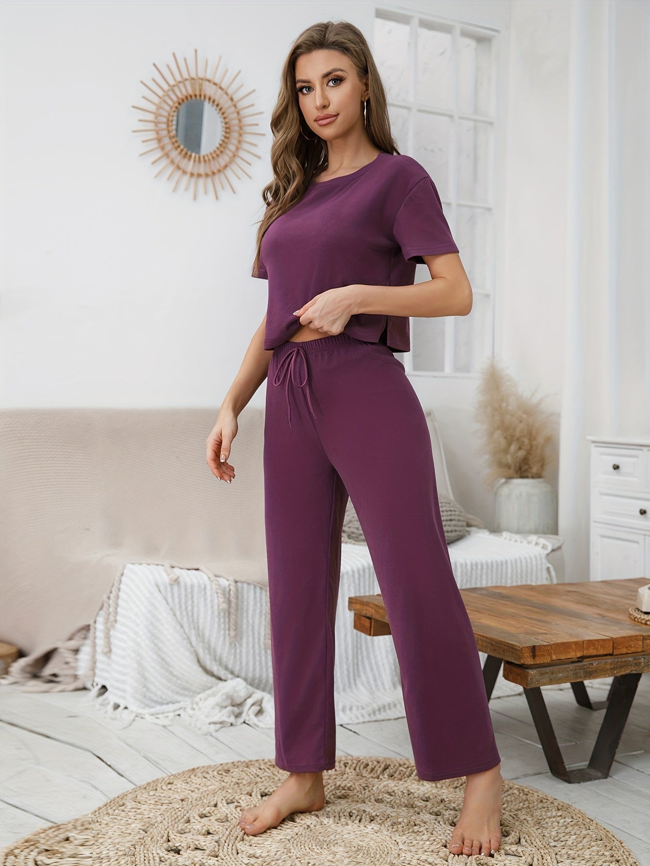 Solid Lounge Set Short Sleeve Crew Neck Top & Elastic Waistband Pants