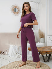 Solid Lounge Set Short Sleeve Crew Neck Top & Elastic Waistband Pants