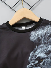 Boys 2pcs Lion Print Sweatshirt & Sweatpants Set for Spring Fall