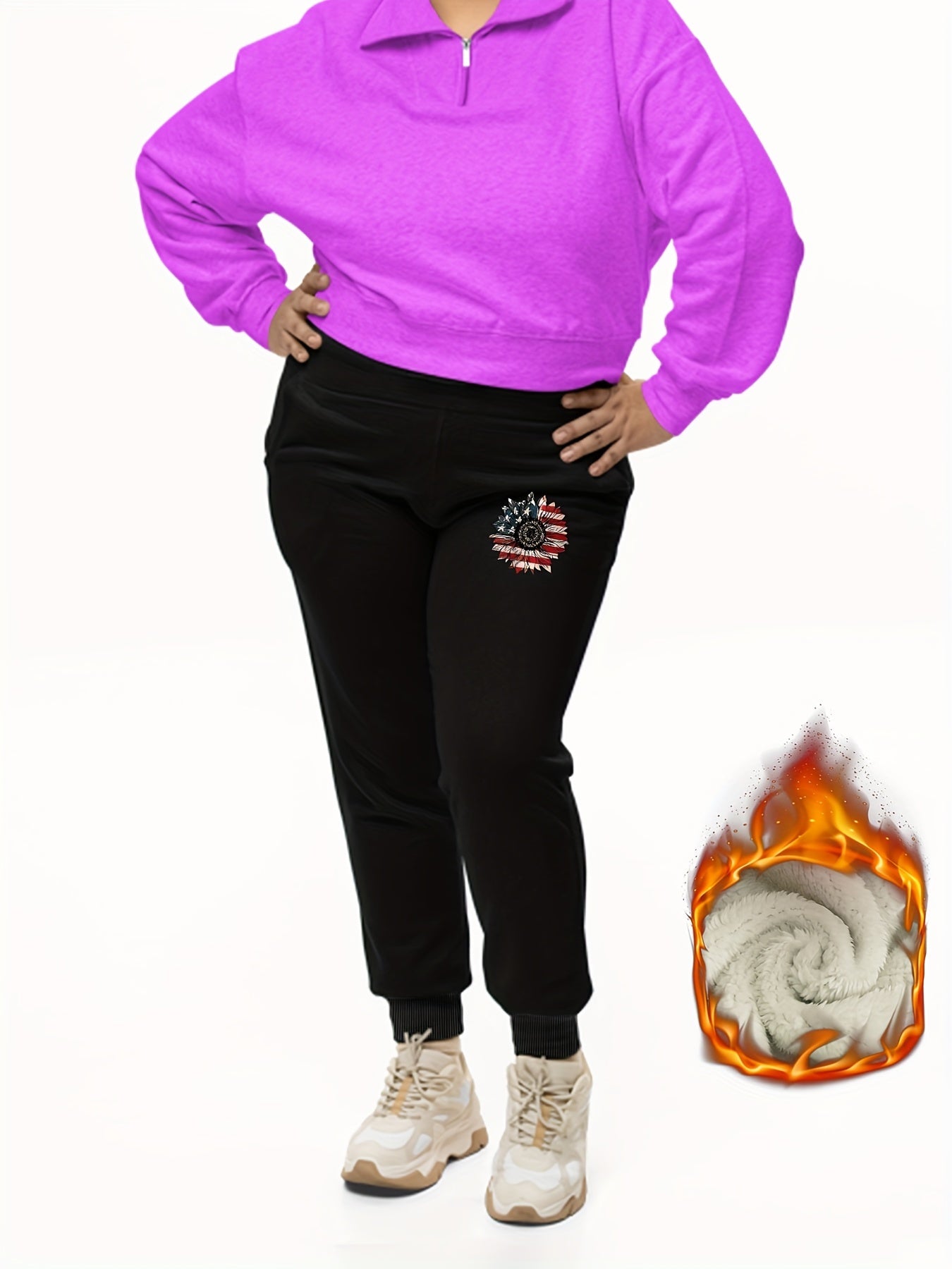 Women's Plus Flag Sunflower Print Fleece Lined Joggers