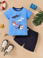 Boys Shark Casual Outfit Round Neck T shirt & Shorts Kids Summer Clothes Sets