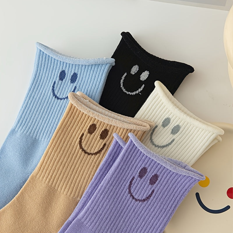 5 Pairs Smiling Face Print Socks Comfy & Breathable Women's Stockings