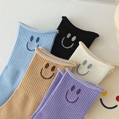 5 Pairs Smiling Face Print Socks Comfy & Breathable Women's Stockings