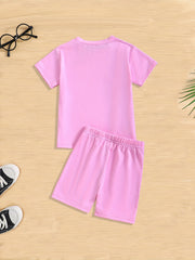 Girls 2pcs T shirt & Elastic Waist Shorts Set Solid Comfy Short Sleeve
