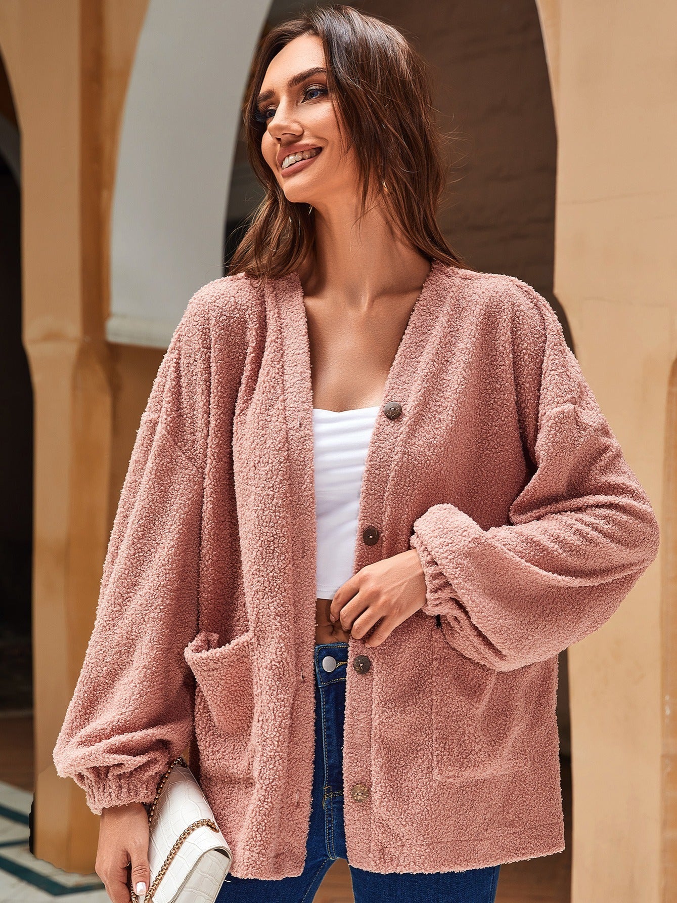 Fluffy Button Loose Coat Casual Jacket Outerwear Women's Clothing