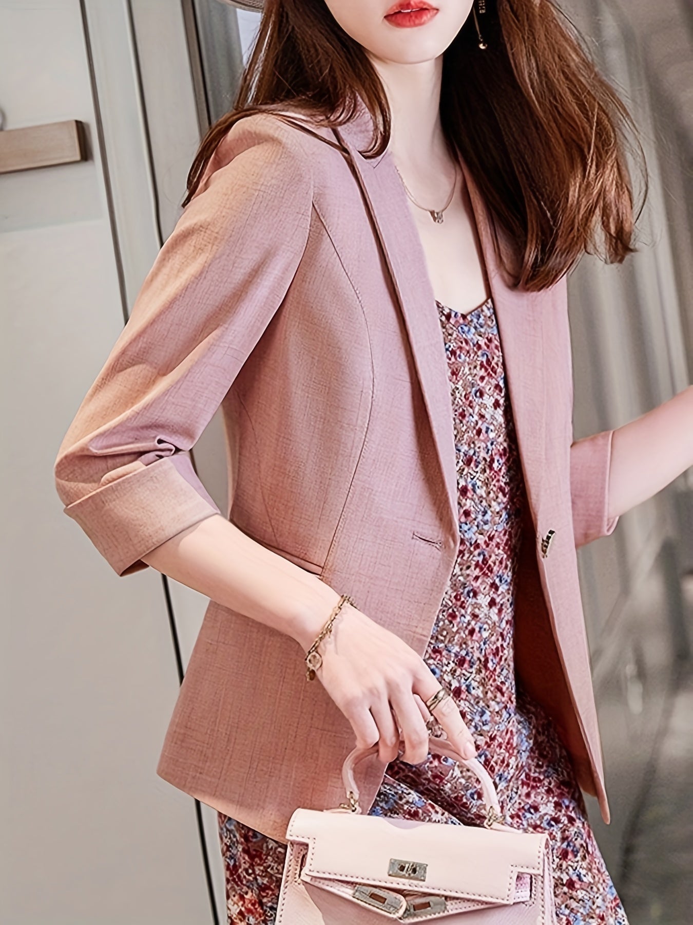 Solid Button Front Blazer Lapel Roll Up Sleeve Blazer