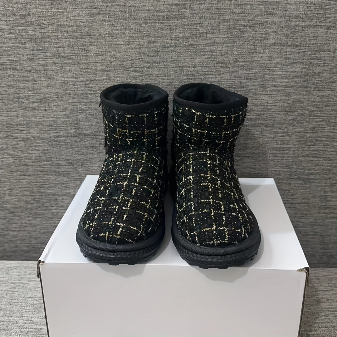Women's Plaid Winter Snow Boots Round Toe Anti-slip Ankle Boots