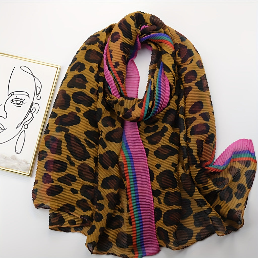 Leopard Print Crinkle Scarf Vintage Block Shawl Classic Head Wrap