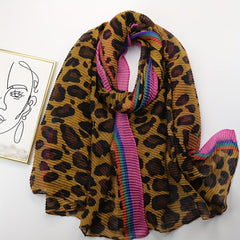 Leopard Print Crinkle Scarf Vintage Block Shawl Classic Head Wrap