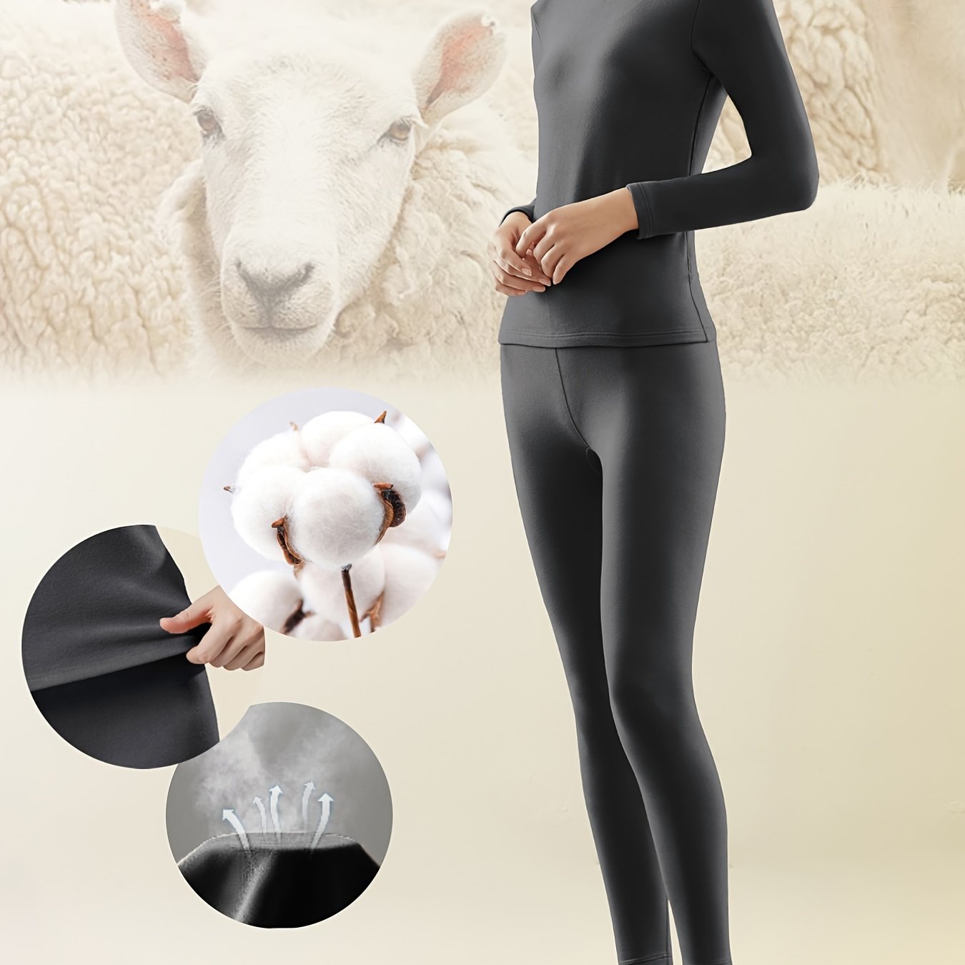 Soft 80 Cotton Thermal Underwear Set Solid Long Sleeve Top & Thermal Pants Set