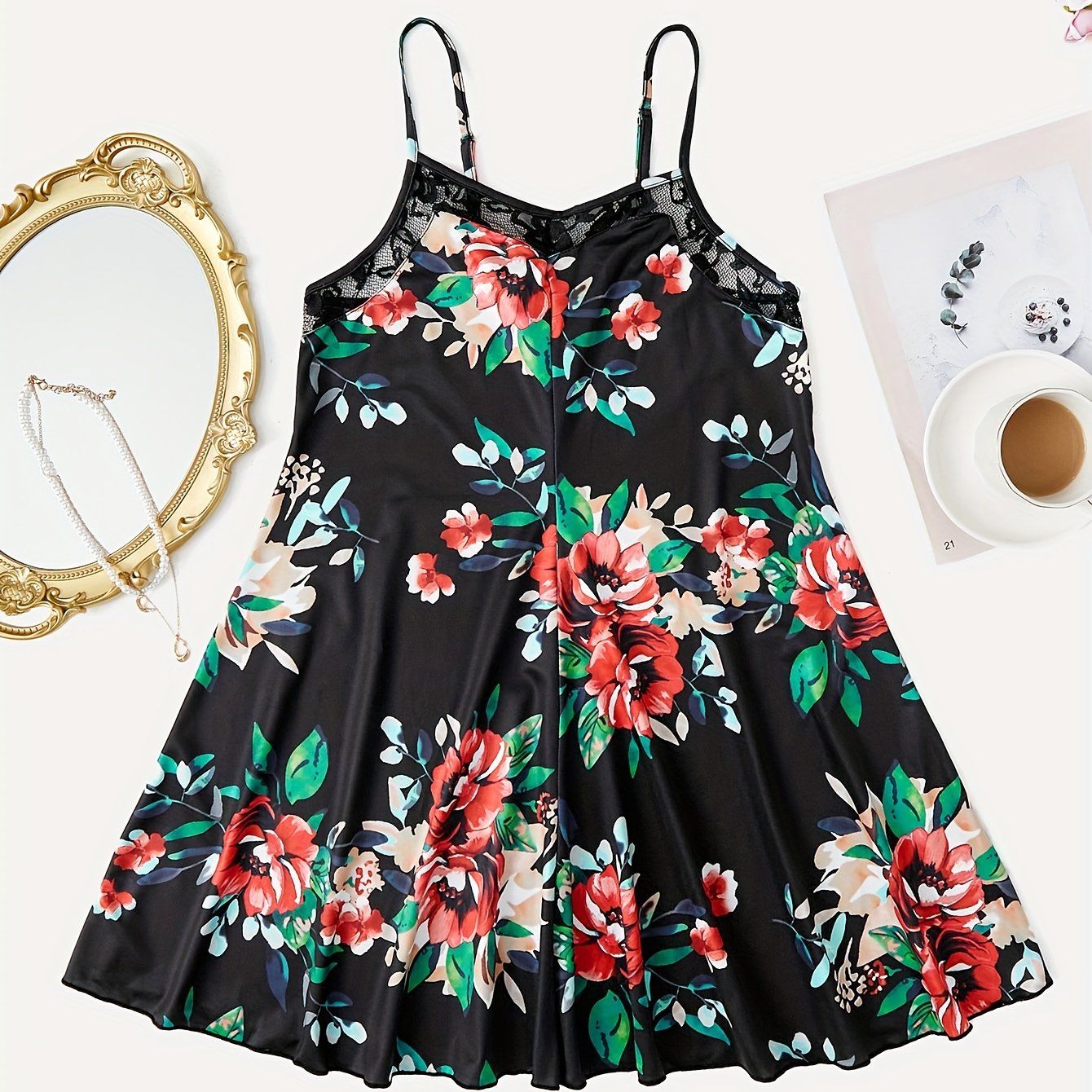 Floral Print Lace Nightdress Spaghetti Strap Sleep Dress