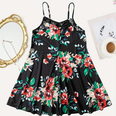 Floral Print Lace Nightdress Spaghetti Strap Sleep Dress