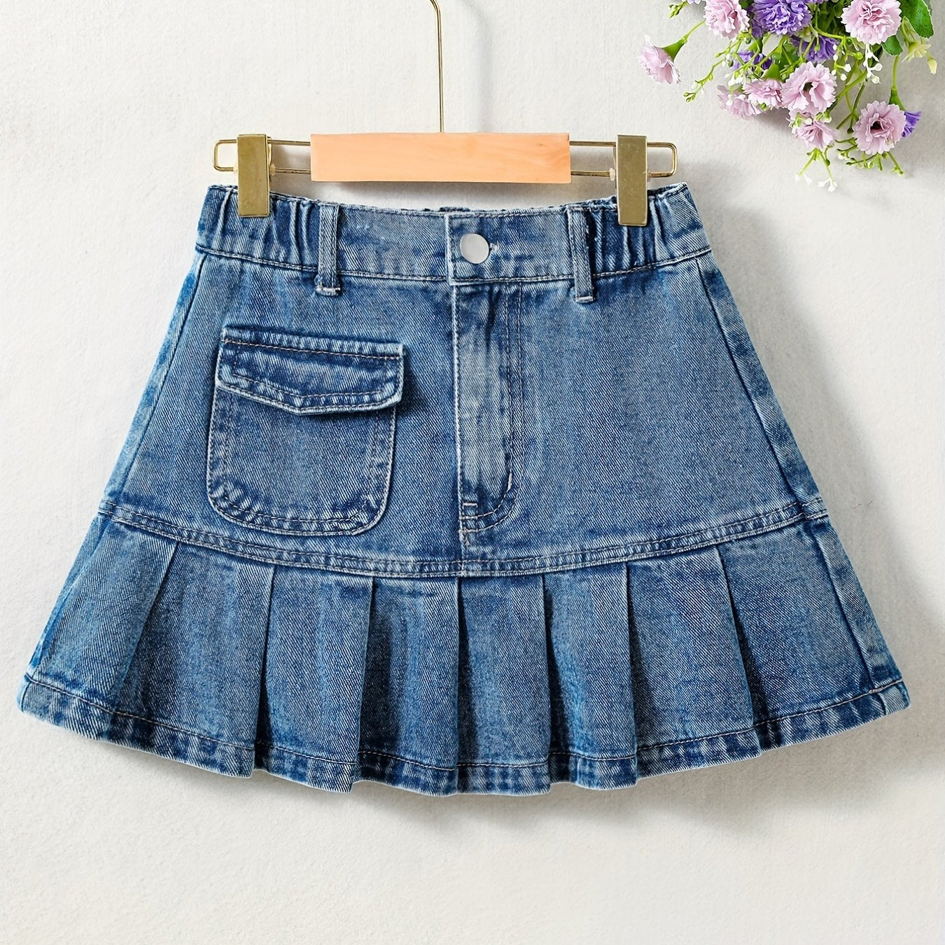 Girls Denim Mini Skirt with Elastic Waist & Pockets - Summer A-line Pleated