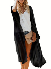 Plain V Neck Cover Up Shirt Loose Fit Semi Sheer Beachwear Robe