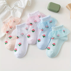 Girls Cotton Blend Lace Ruffle Ankle Socks Strawberry Pattern Candy Crew Socks