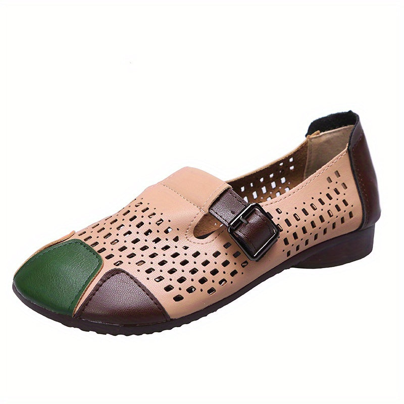 Women's Hollow Out Flat Shoes Colorblock Buckle Strap Round Toe Soft Sole Shoes