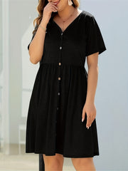 Casual Midi Shirt Dress Short Sleeve Button V Neck Nipped Waist
