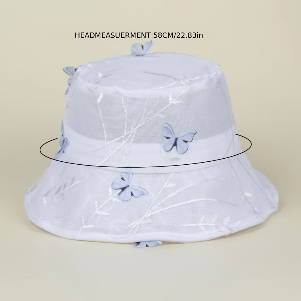 Lace Breathable Bucket Hat with Butterfly Embroidery