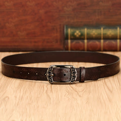 Vintage Embossed Leather Belt with Rectangular Buckle
