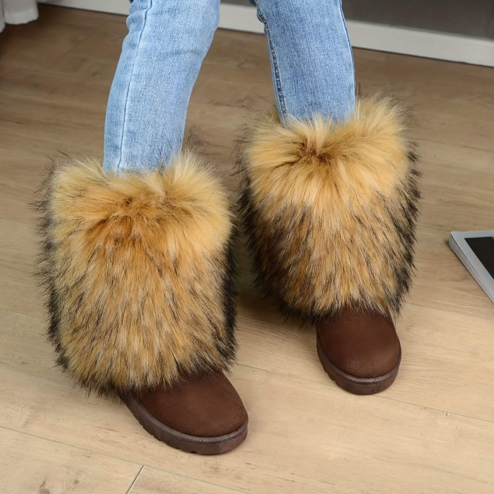 Women's Fluffy Snow Boots Slip On Round Toe Thick Bottom Warm Shoes