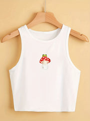 Mushroom & Frog Print Crop Tank Top Sleeveless Casual Top