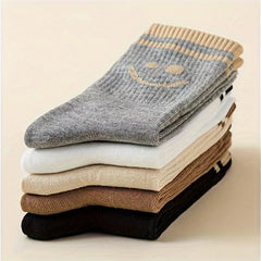 5 Pairs Smiling Print Mid Tube Socks for Women