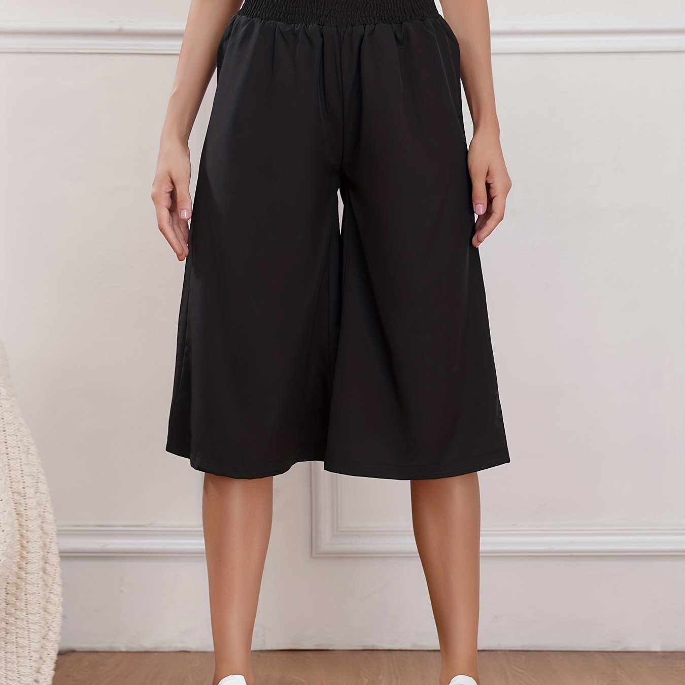 Cropped Wide Leg Pants Loose Fit Shirred Waist Casual