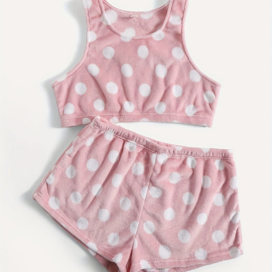 Flannel Polka Dot Print Pajama Set Plus Size