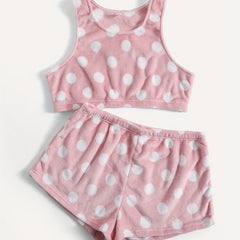 Flannel Polka Dot Print Pajama Set Plus Size
