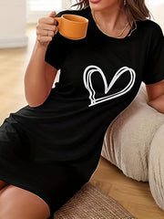 Heart Print NightDress Short Sleeve Crew Neck Pajama Dress Women's