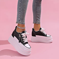 Women's Side Zipper Chunky Sneakers Lace Up Thick Sole Walking Shoes