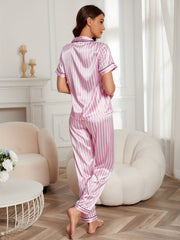 Stripe Print Satin Pajama Set Short Sleeve Pocket Top & Long Pants