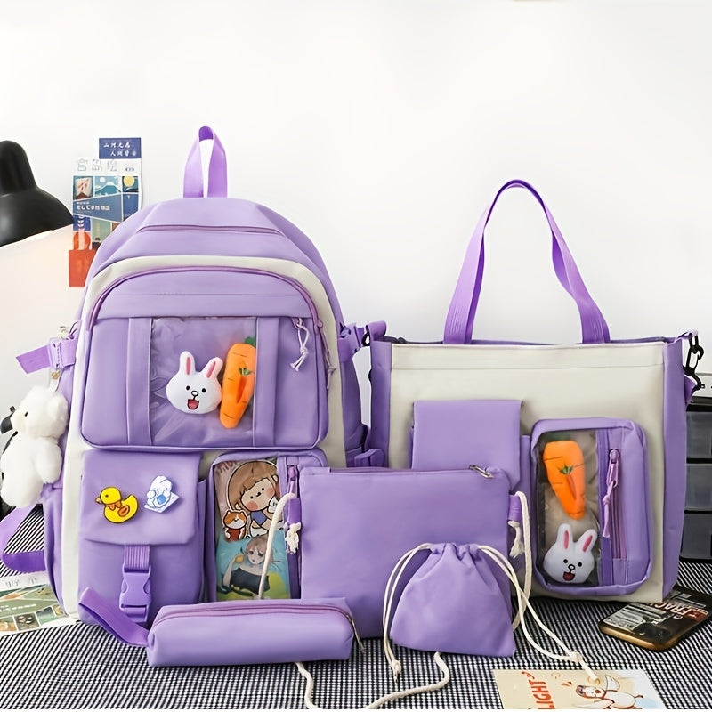 5pcs Cartoon Backpack Crossbody Handbag Set - High School Students