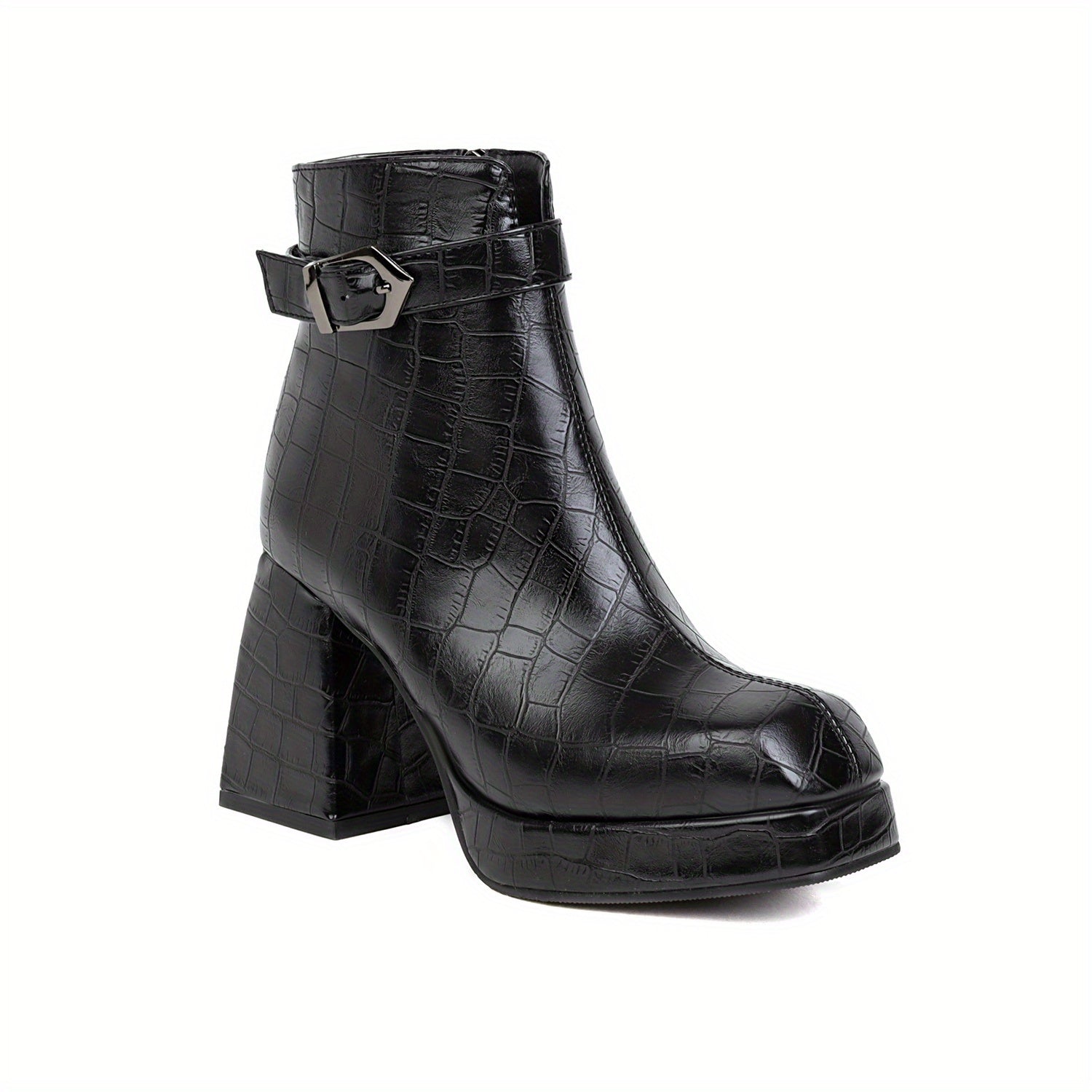 Women's Crocodile Ankle Boots Block Heel Side Zip Buckle Strap Retro Short Boots