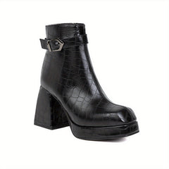 Women's Crocodile Ankle Boots Block Heel Side Zip Buckle Strap Retro Short Boots
