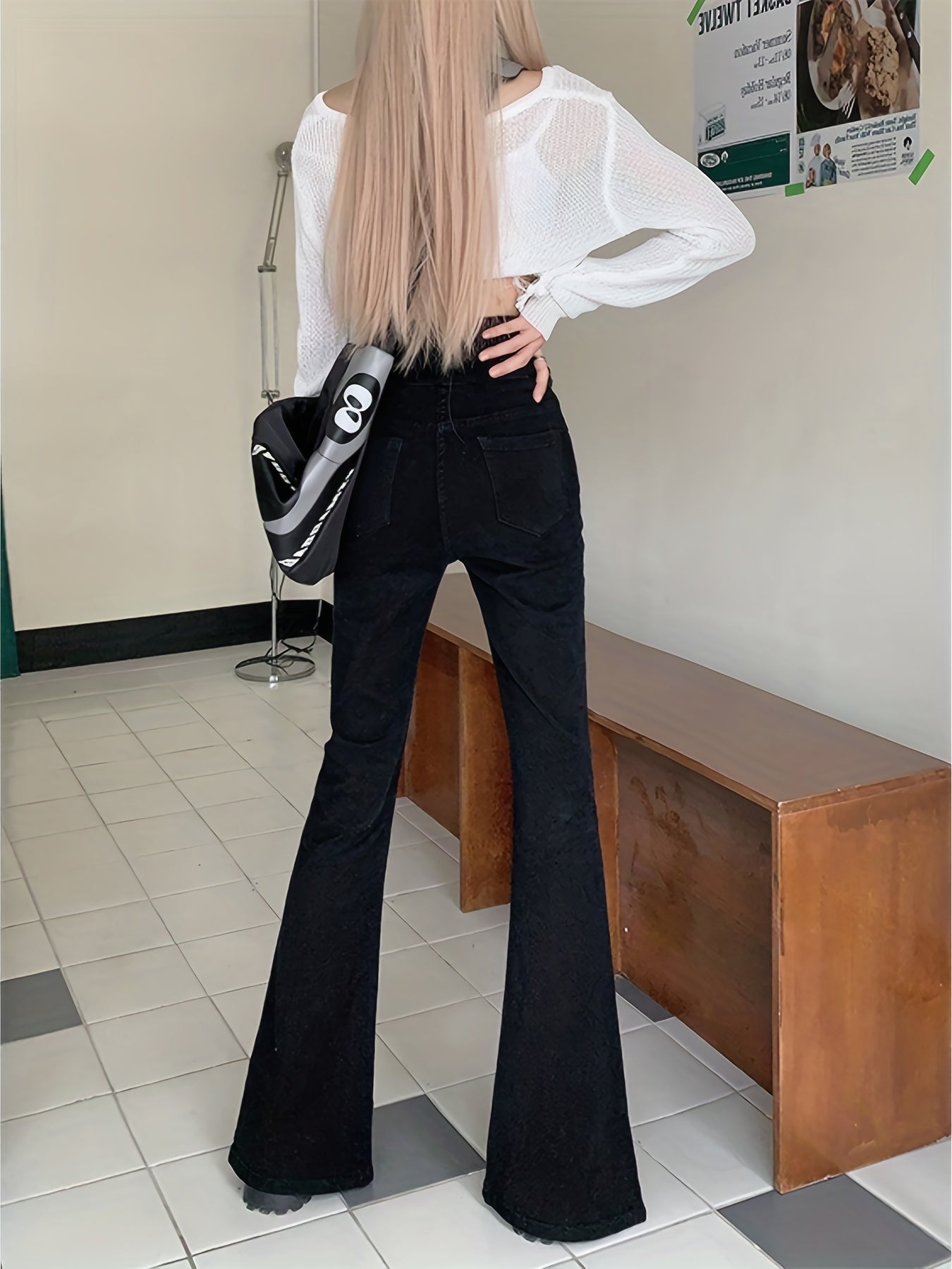 High Waist Front Split Flare Leg Jeans Solid Stretchy Bell Bottoms