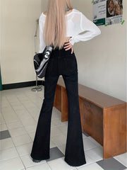 High Waist Front Split Flare Leg Jeans Solid Stretchy Bell Bottoms