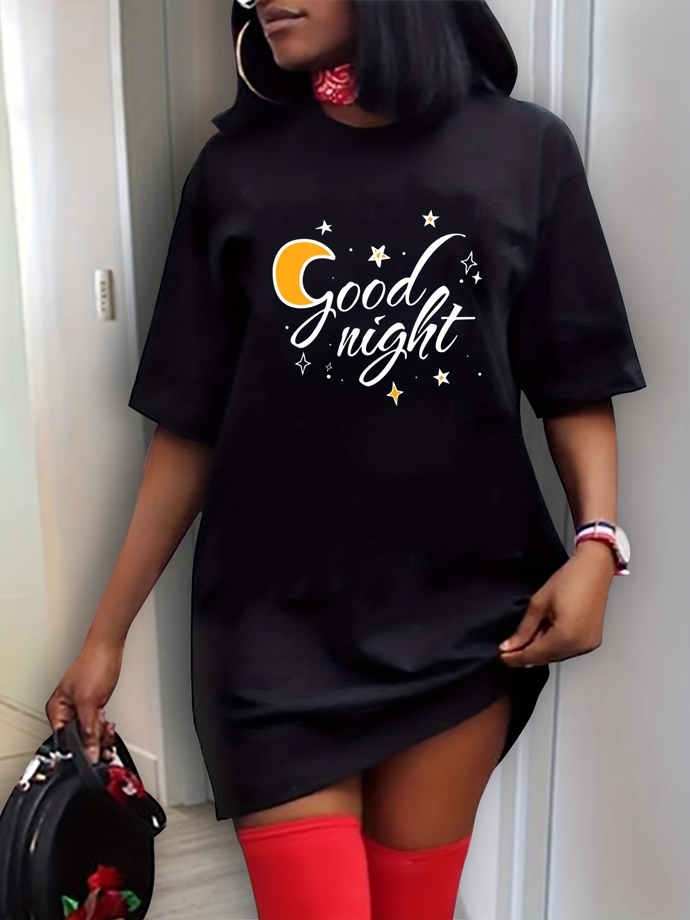 Moon & Letter Print Sleep Dress Short Sleeve Round Neck Nightdress