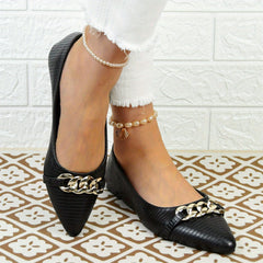 Women's Pointed Toe Ballet Flats Chain Decor Slip On Shoes