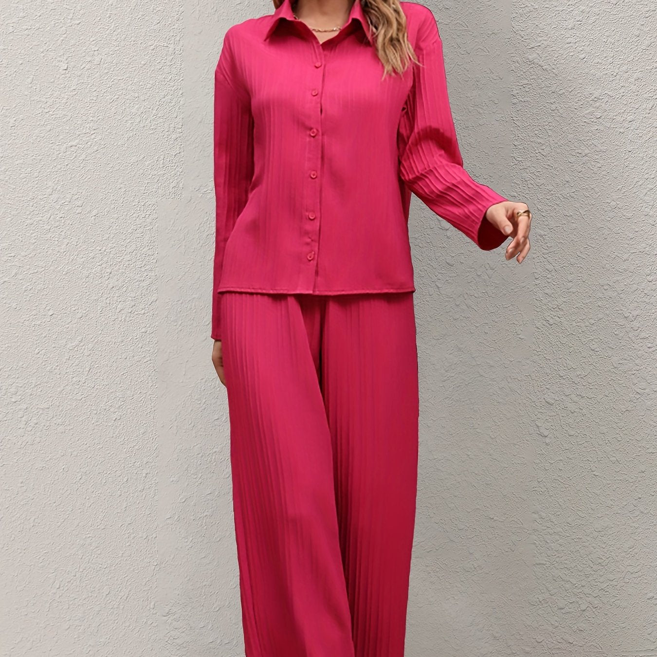 Casual Two piece Set Long Sleeve Button Up Shirt & Wide Leg Pants